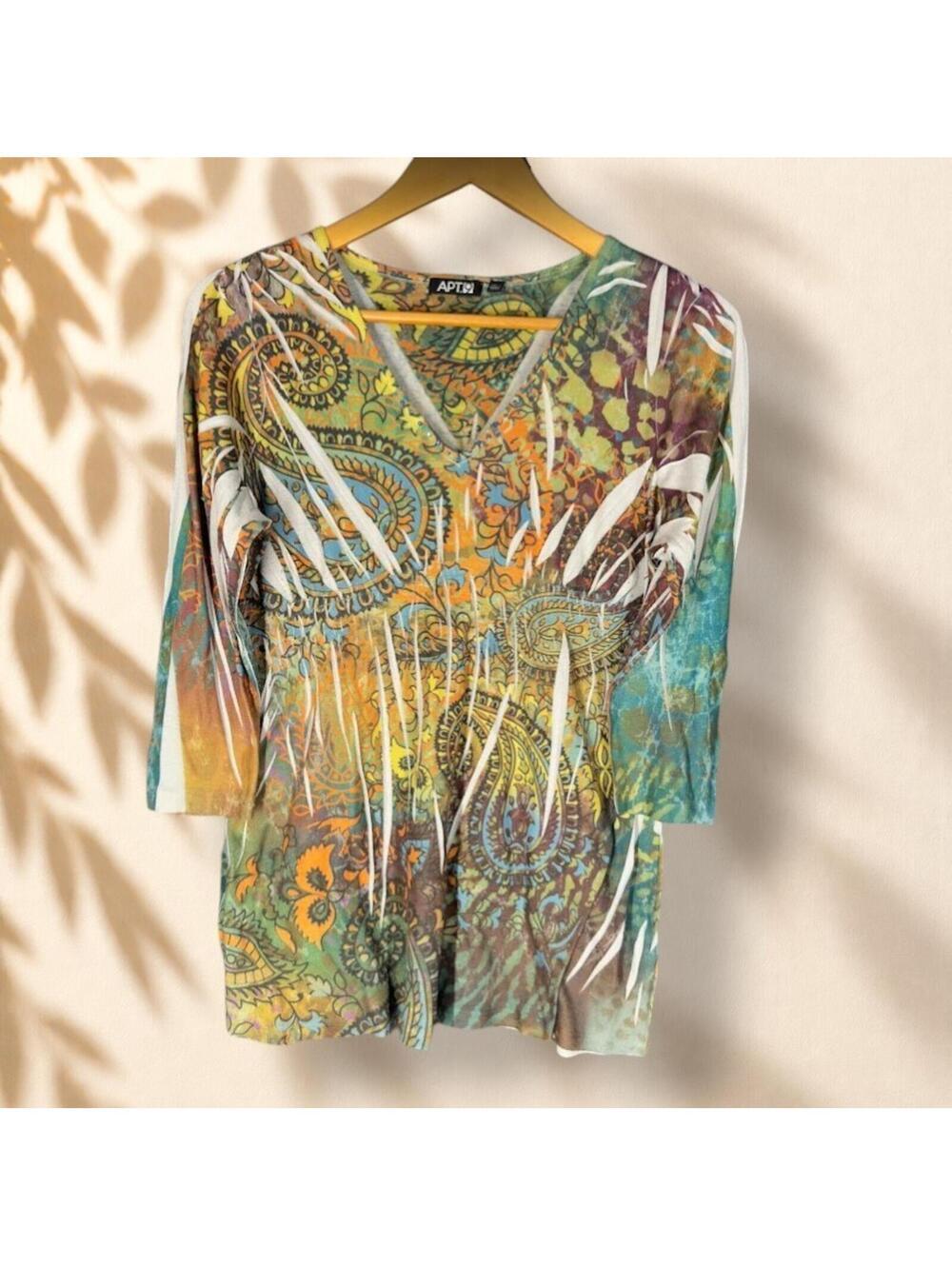 Apt. 9 Blouse Women PL Petite Orange Paisley V-Neck 3/4 Sleeve Casual Stretch